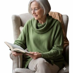 CAROLYN TAYLOR Cowlneck, Button Sleeve, Long Length Sweater, Green